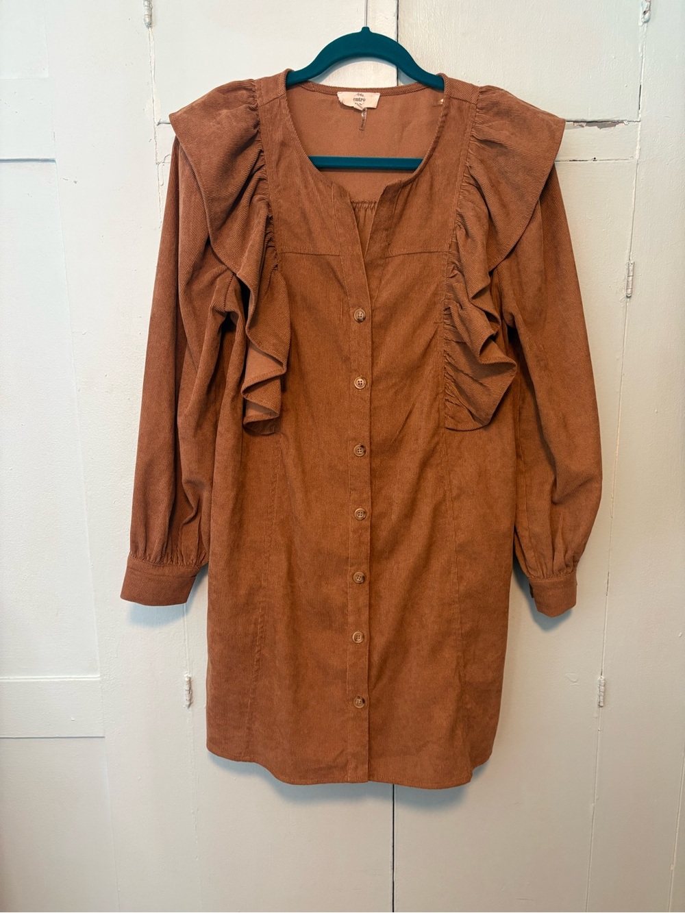 Entro Button-Front Corduroy Ruffle Dress in Brown - Picture 2 of 5